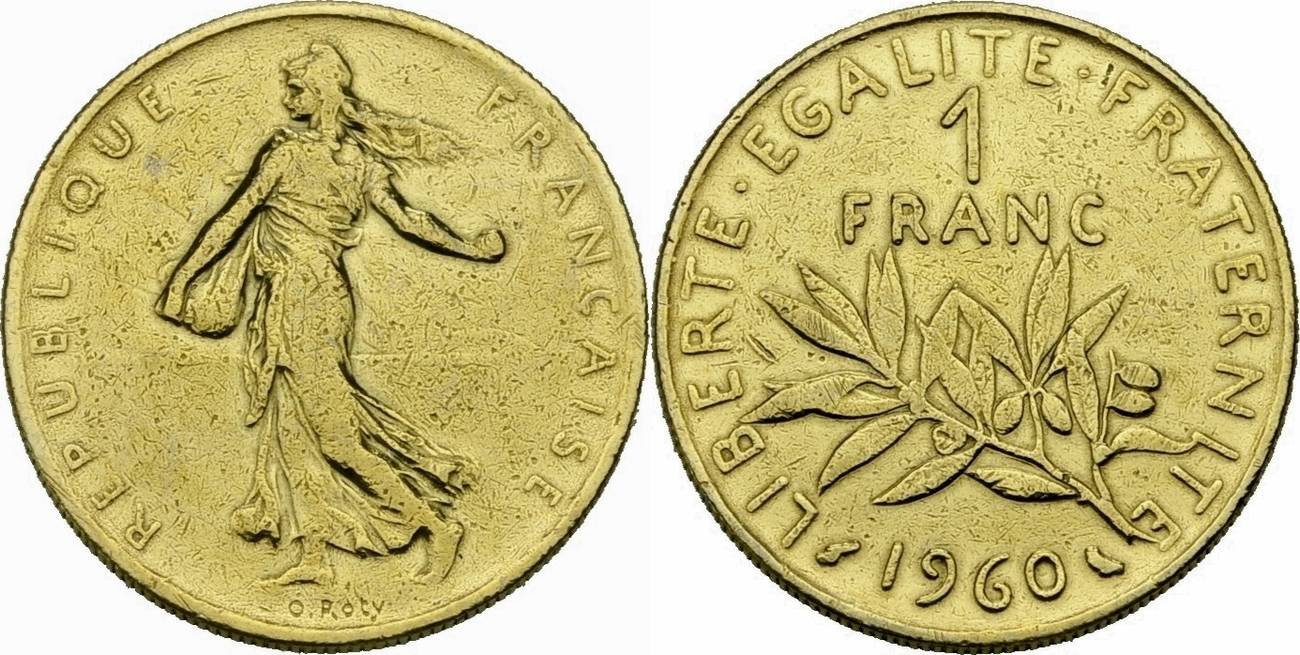 Frankreich 1 Franc 1960 Vergoldet Säerin Semeuse Seed Sower France KM