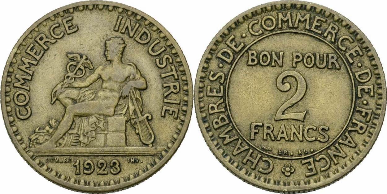 Frankreich Bon Pour 2 Francs 1923 Aluminium Bronze Merkur Caduceus