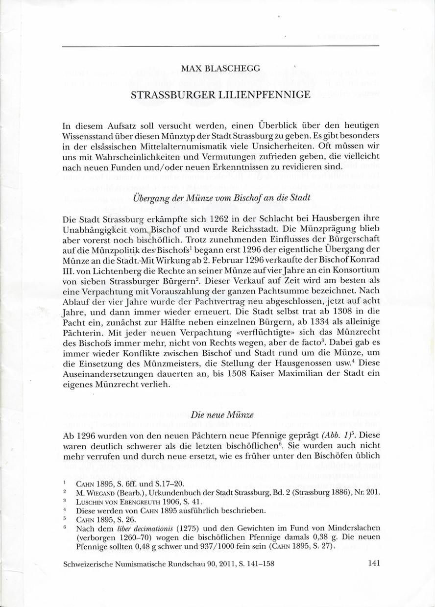 Blaschegg Max Sonderdruck 2011 Strassburger Lilienpfennige Blaschegg Schweizerische Numismatische Rundschau 90 Gut Ma Shops